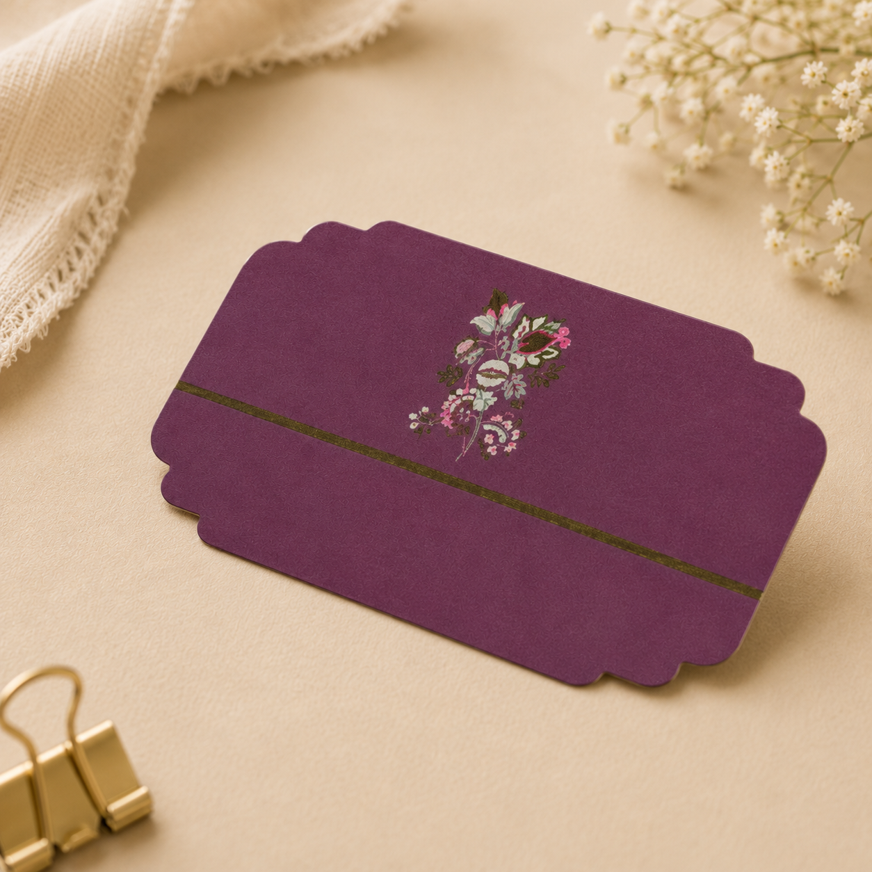Sophisticated purple floral sticker tag with scalloped edges and minimal botanical design, perfect for weddings and festive hampers.