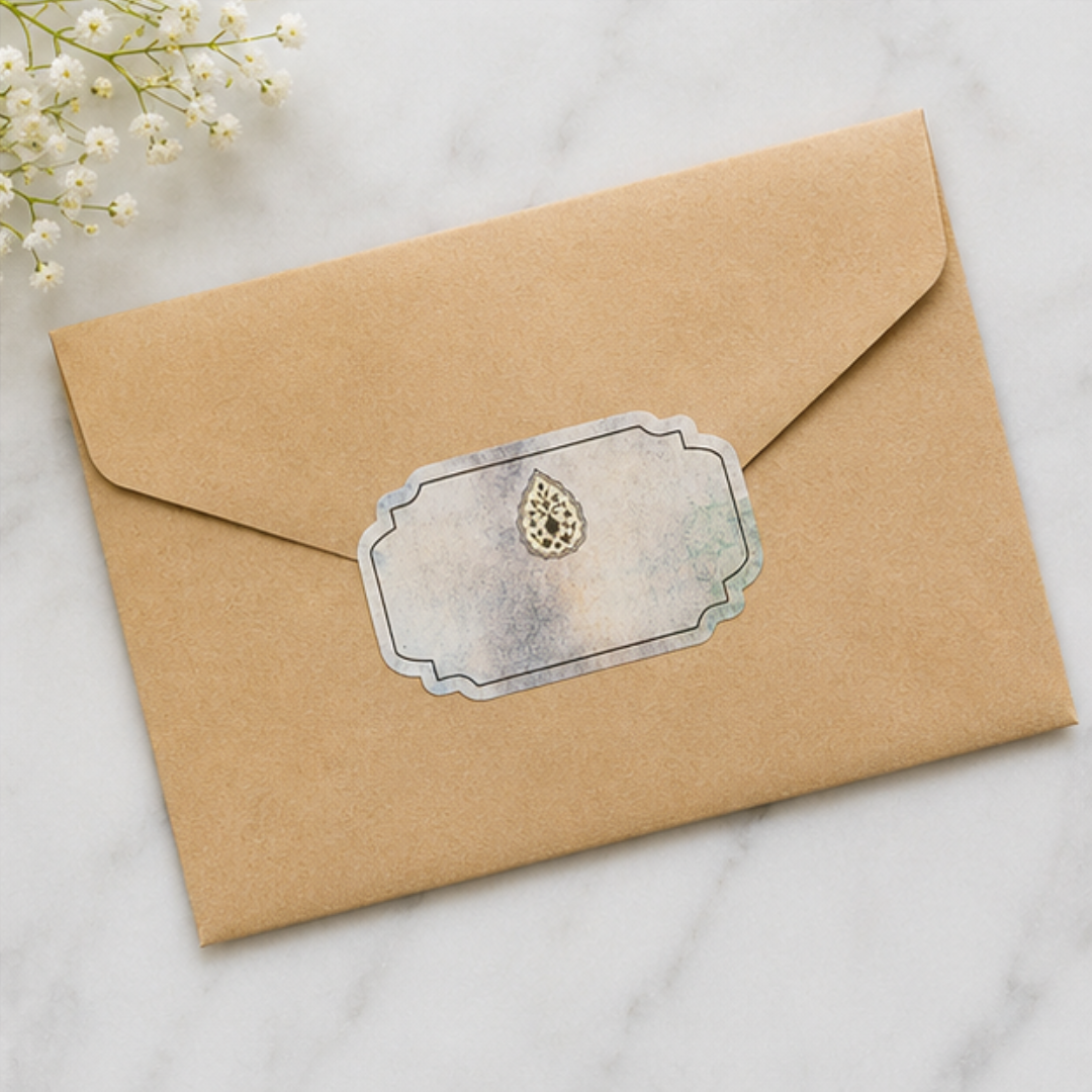 Minimal luxury peel and stick gift tag with artistic watercolor background and elegant vintage motif for refined gift packaging.