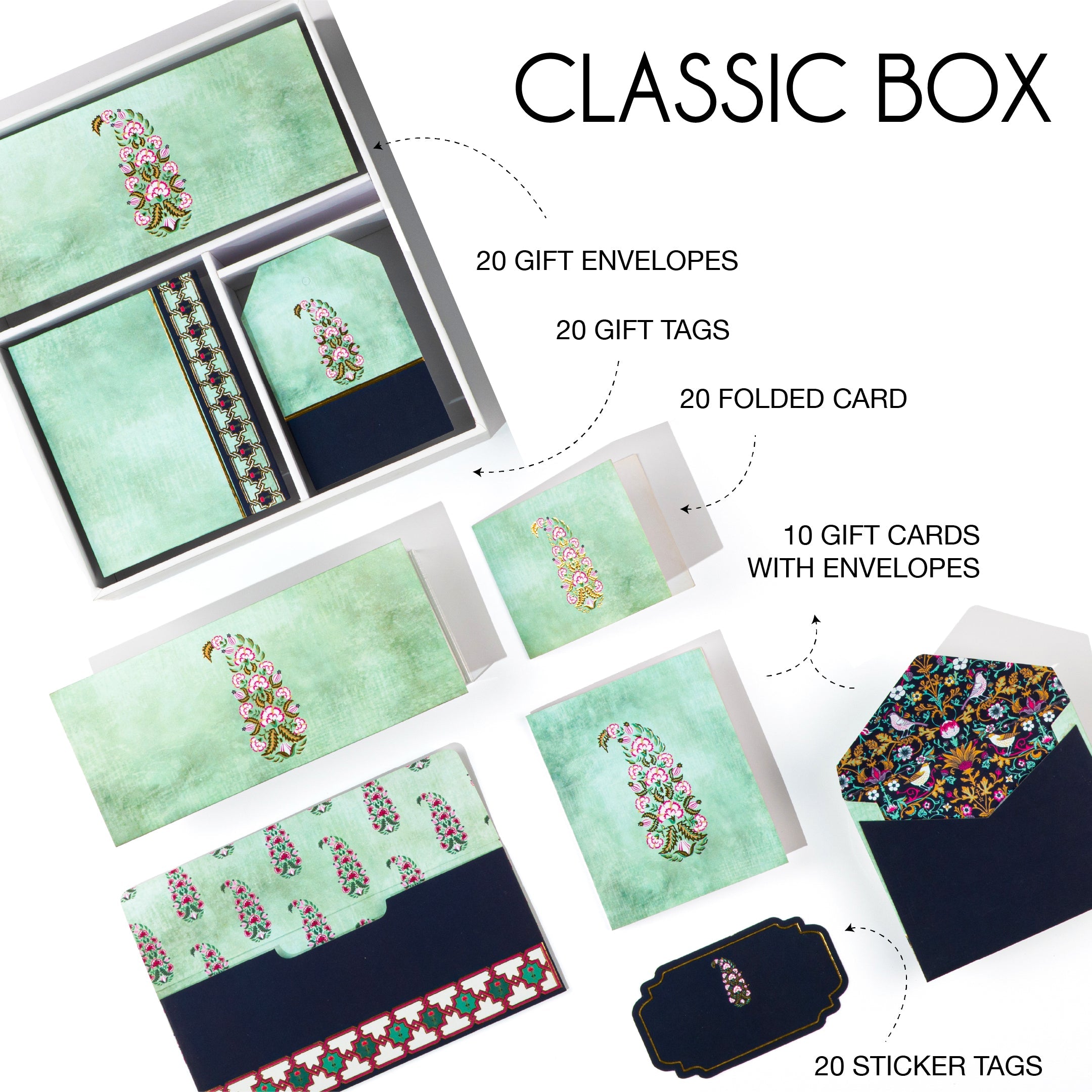Traditional paisley motif stationery set in mint and navy blue with Indian ethnic design, perfect for festive gifting.