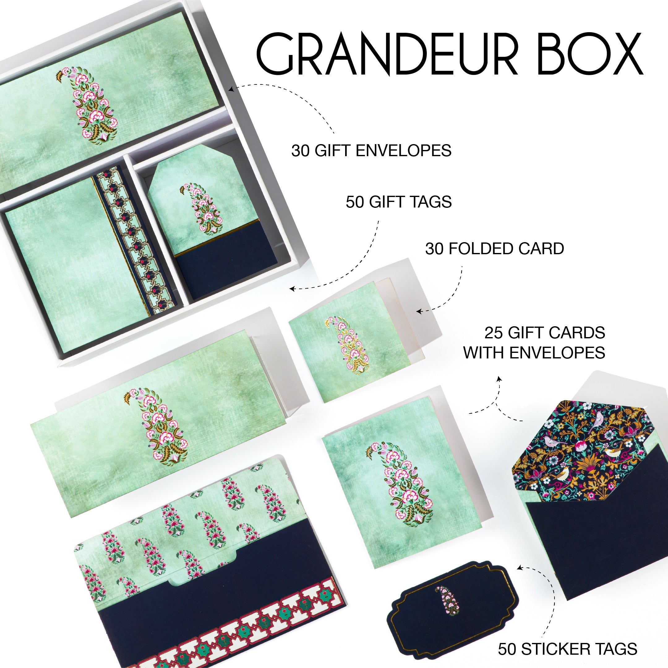 Traditional paisley motif stationery set in mint and navy blue with Indian ethnic design, perfect for festive gifting.