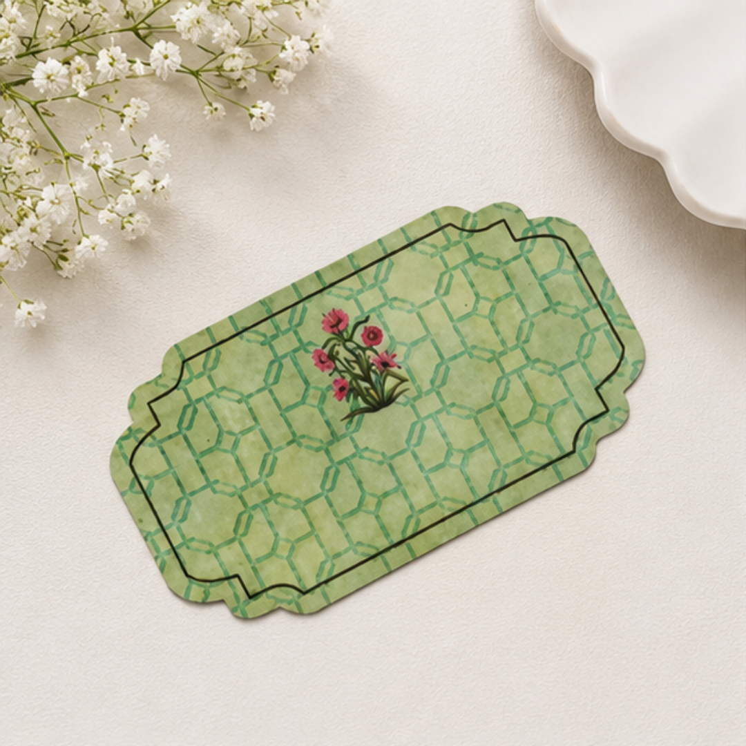 Minimal luxury gift tag with sage green geometric patterns and floral accents, ideal for weddings, return favors, and elegant packaging.