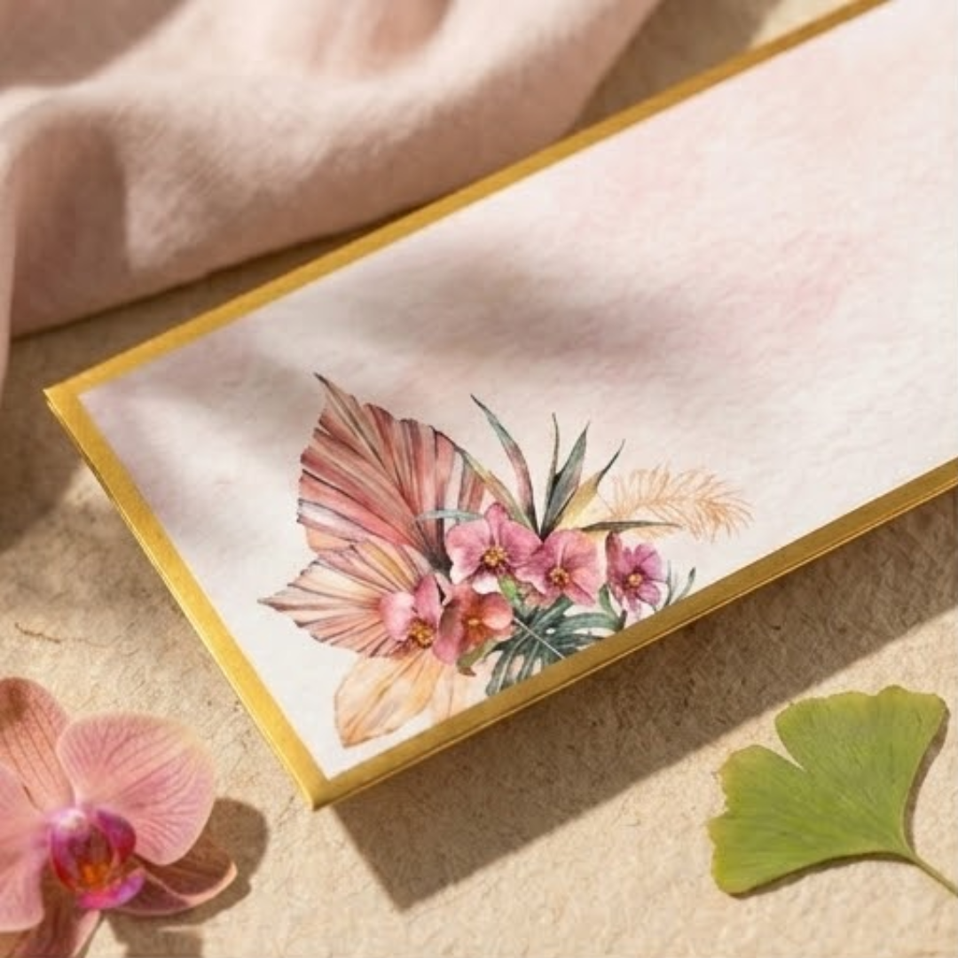 Tropical floral money envelope with gold accents.