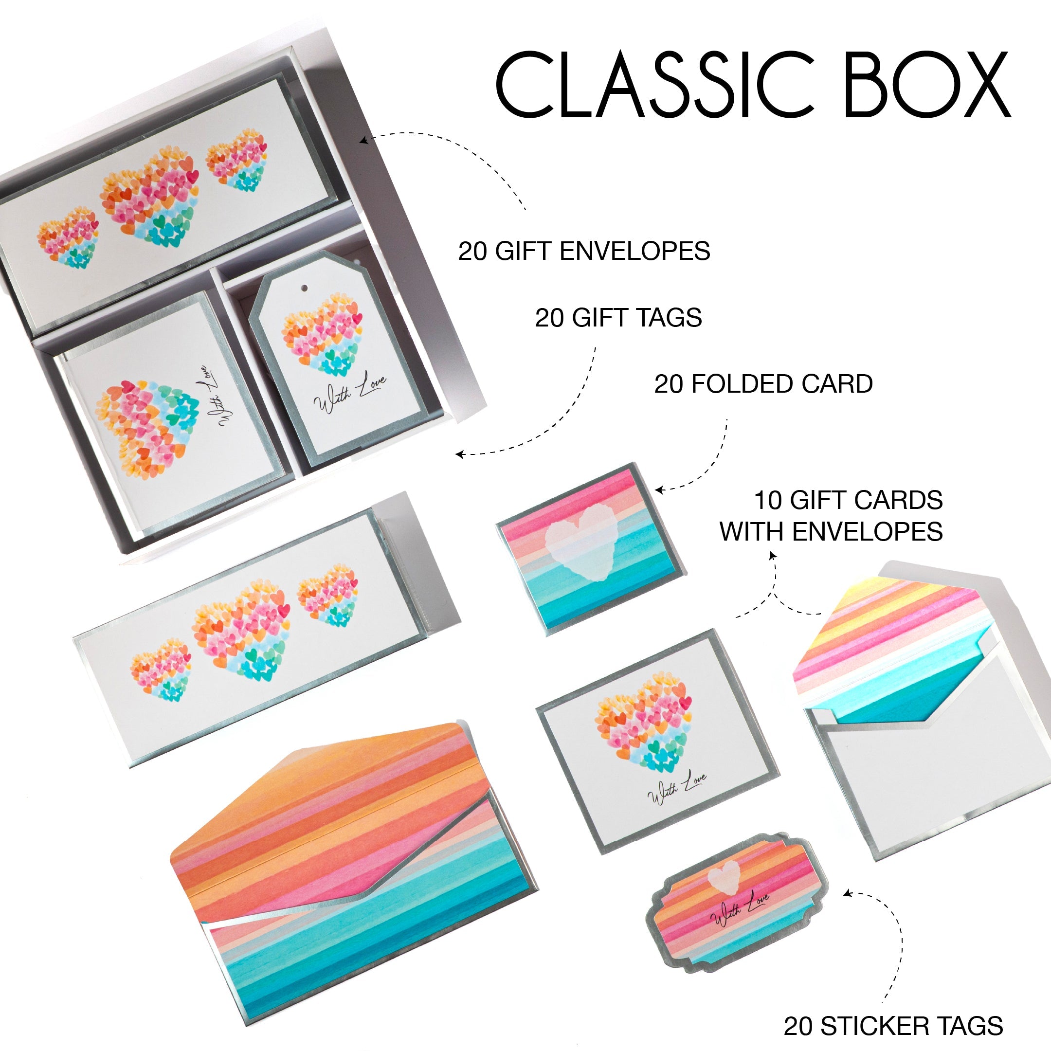 Premium stationery gift set showcasing soft rainbow stripes, heart motifs, and coordinated envelopes, cards, and tags.