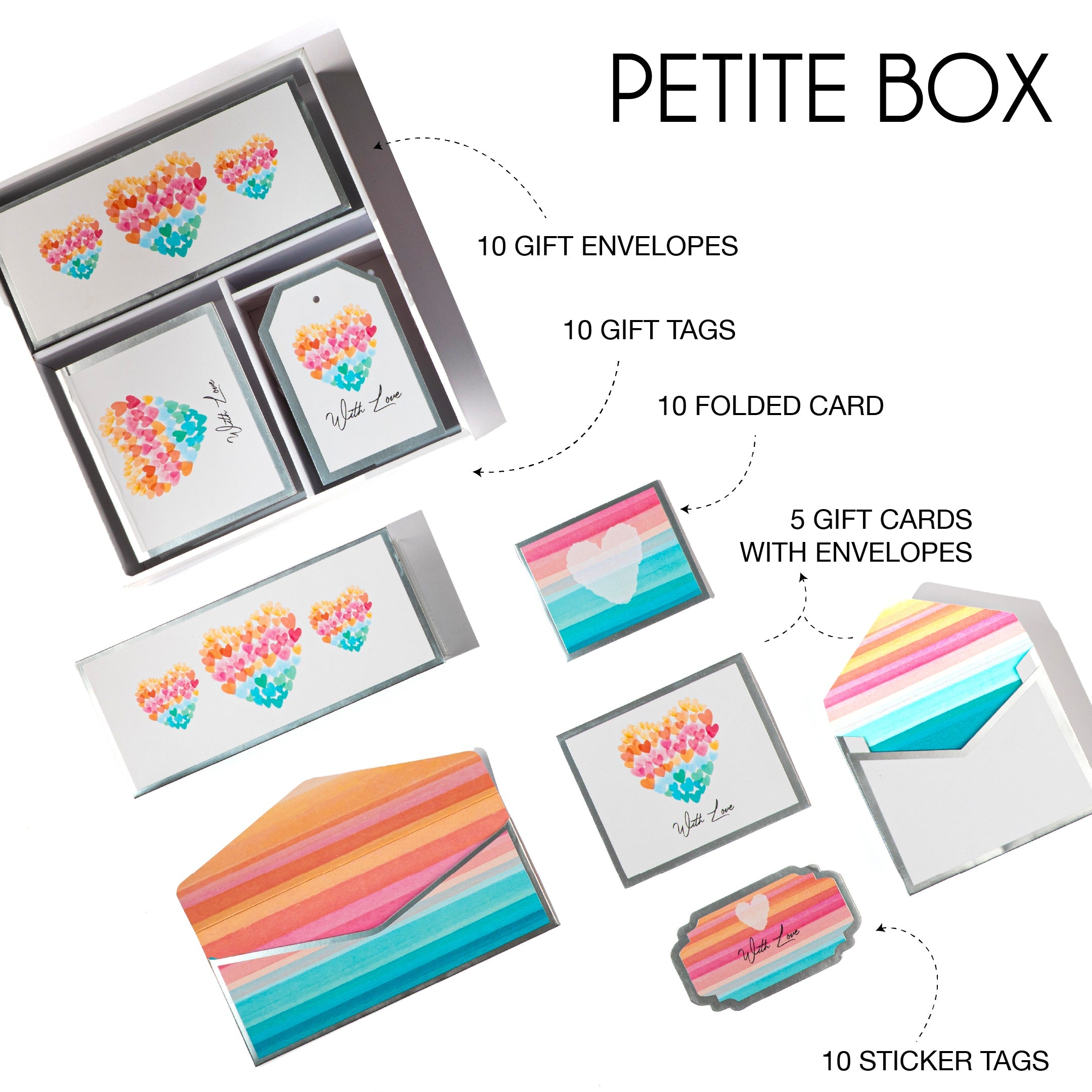 Elegant gifting stationery collection with multicolor watercolor designs, folded note cards, envelopes, and matching sticker tags.