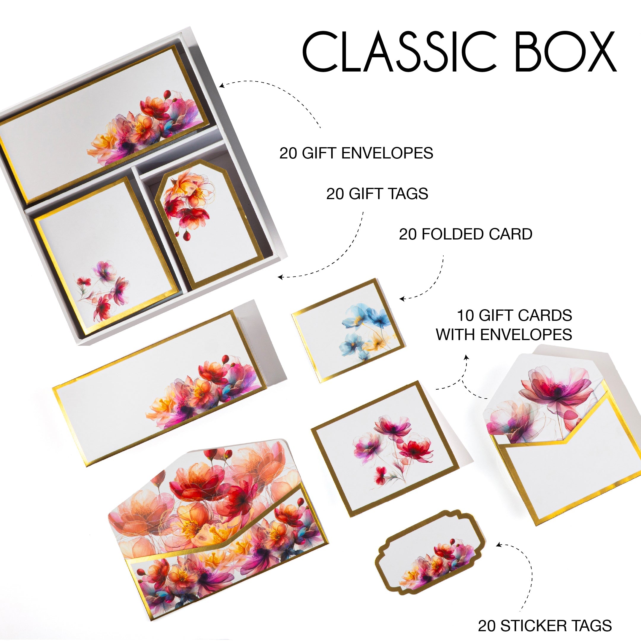 Elegant floral stationery set with watercolor pink and purple blooms, includes cards, tags, and envelopes in a gift box.