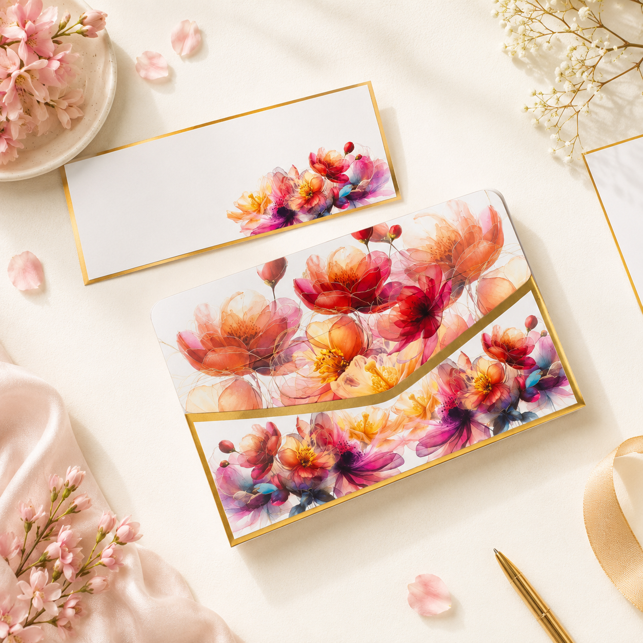 A striking stationery set of money envelopes featuring vibrant watercolor brushstroke florals, elegantly accented with luxurious gold edging.