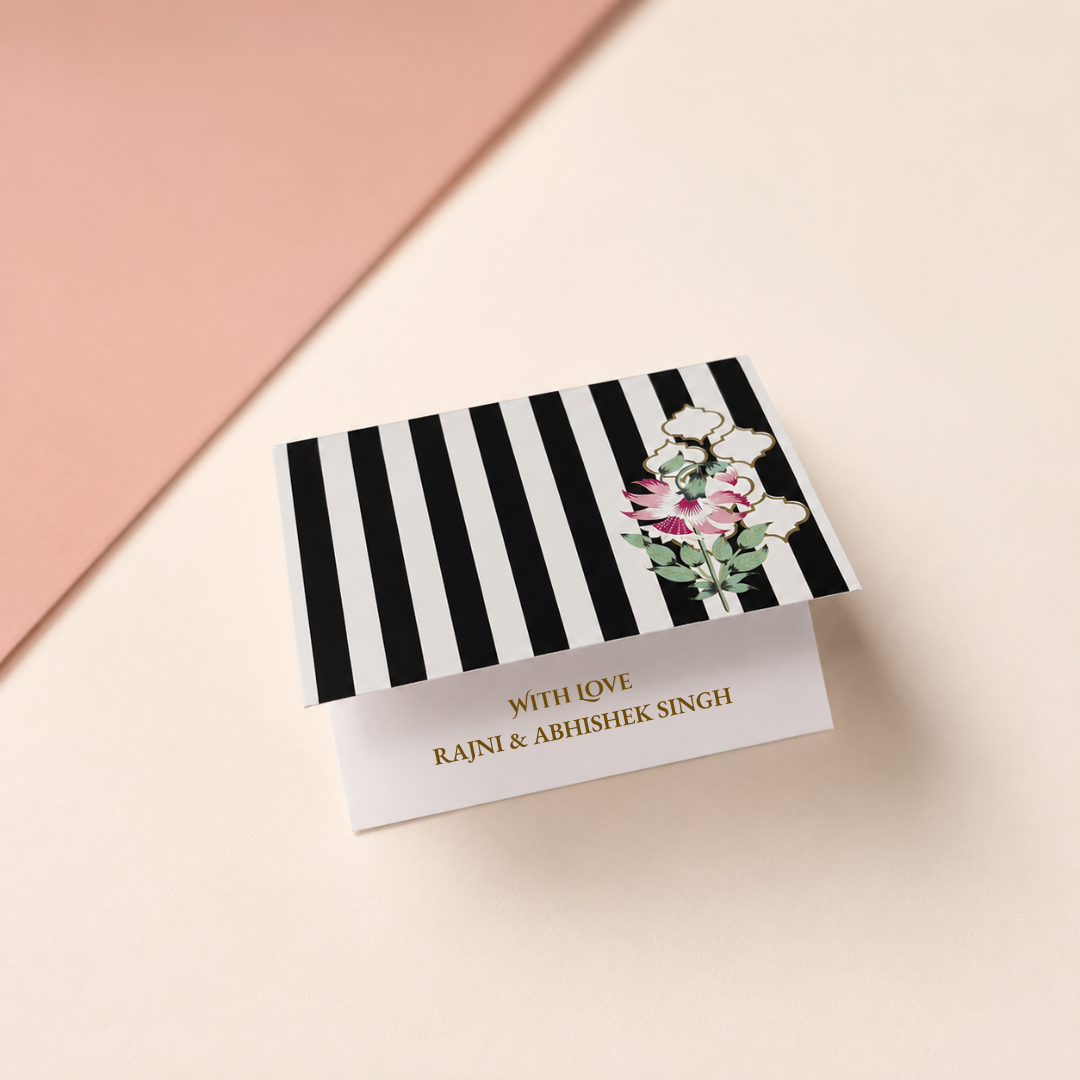 Regal Noir gift card with black and white striped floral design 