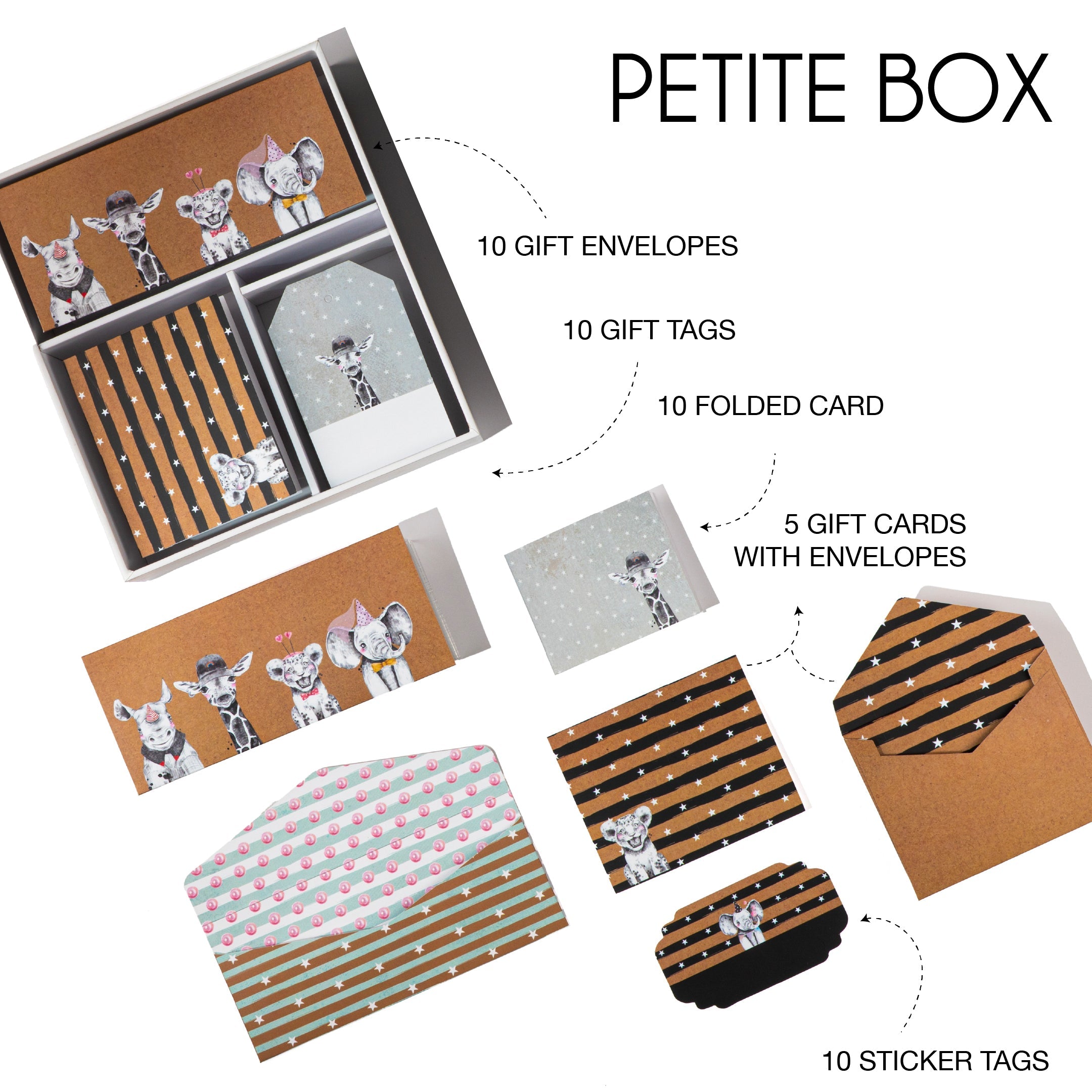 Stationery box featuring illustrated animal-themed gift envelopes, folded cards, gift tags, sticker tags, and matching envelopes arranged neatly inside a compact keepsake box.