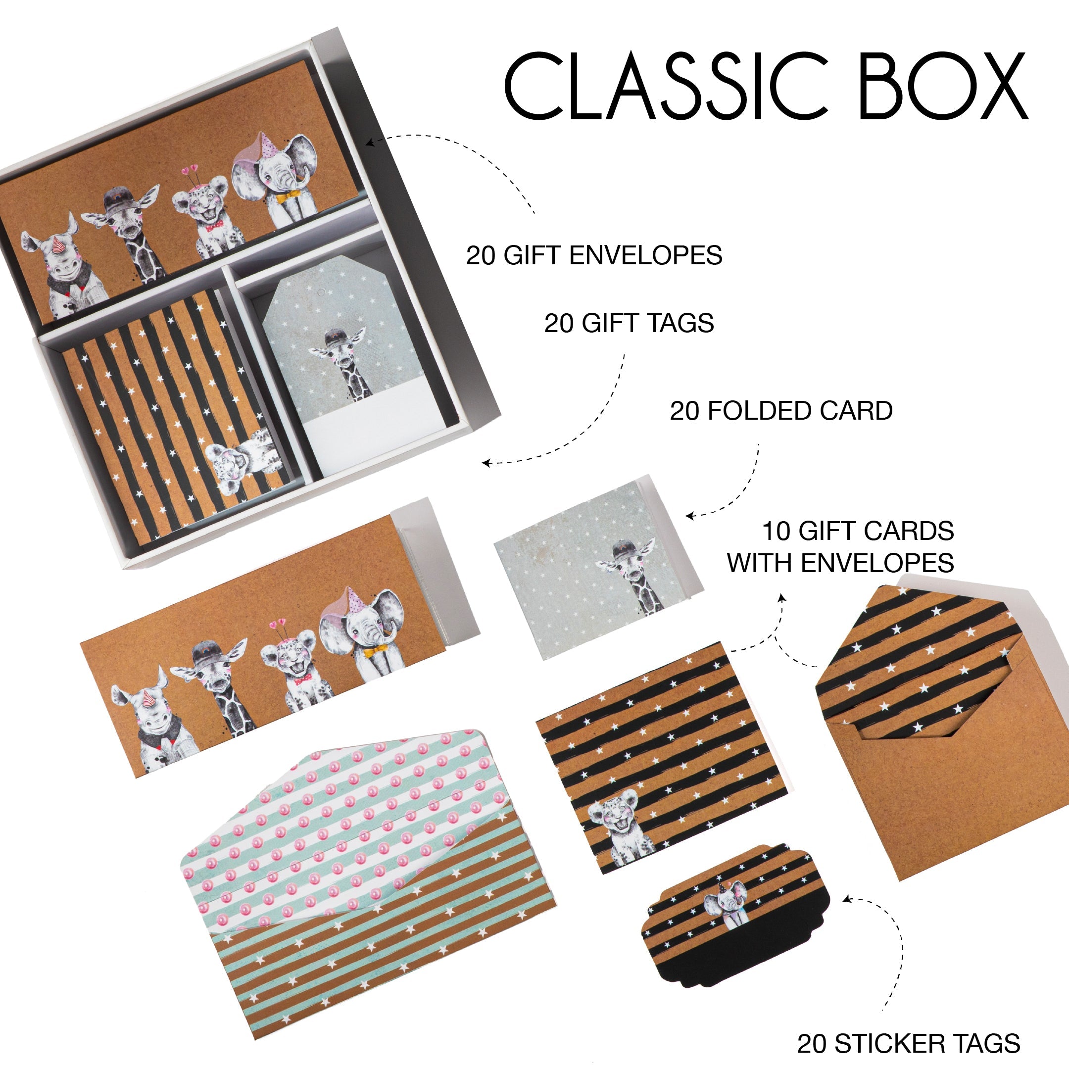 Stationery box featuring illustrated animal-themed gift envelopes, folded cards, gift tags, sticker tags, and matching envelopes arranged neatly inside a compact keepsake box.