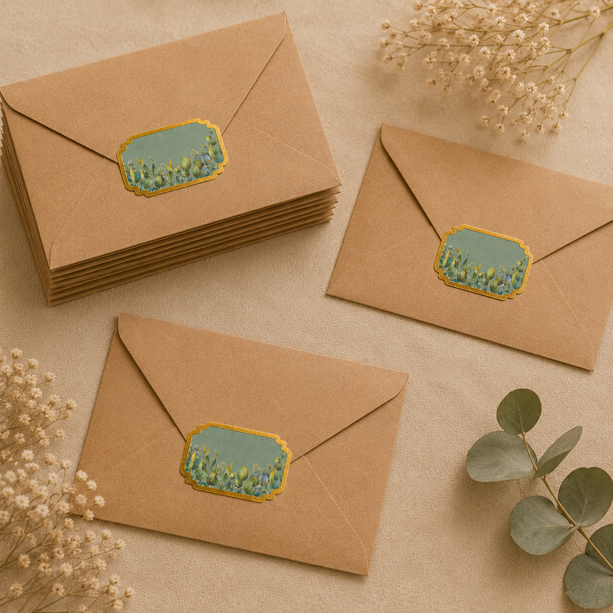 Luxury floral sticker tag featuring soft green botanical leaves and refined gold edges for premium gifting.