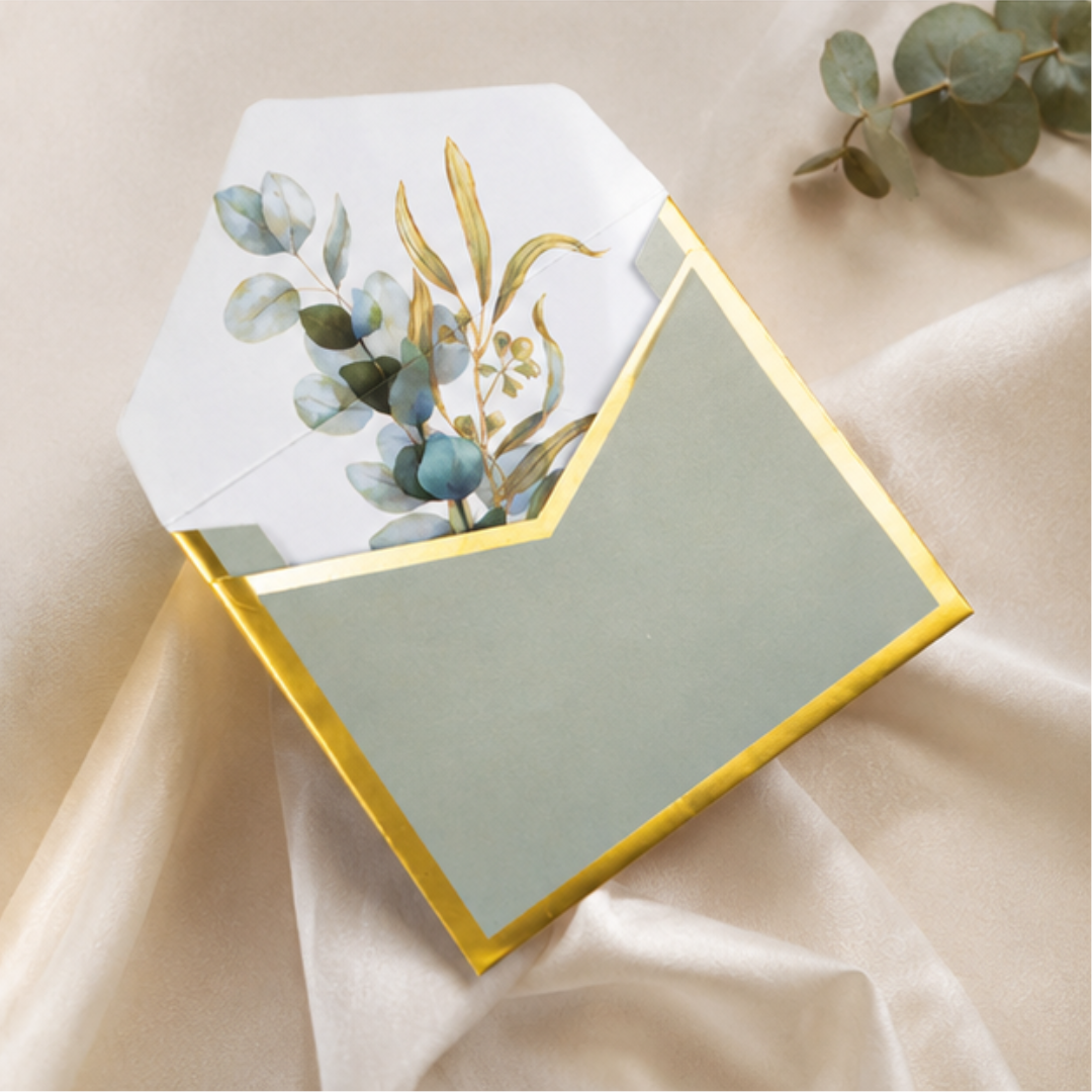 Sage green personalized gift cards featuring delicate blue botanical artwork and gold foil borders