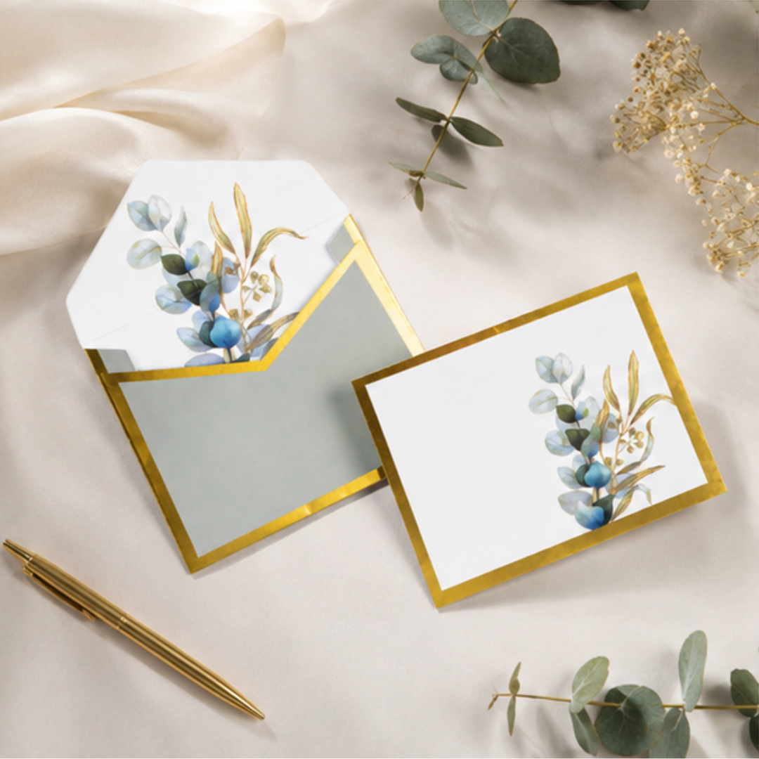 Sage green personalized gift cards with matching envelopes featuring delicate blue botanical artwork and gold foil borders