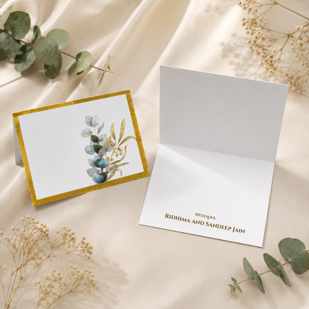 Sage green personalized gift cards with matching envelopes featuring delicate blue botanical artwork and gold foil borders