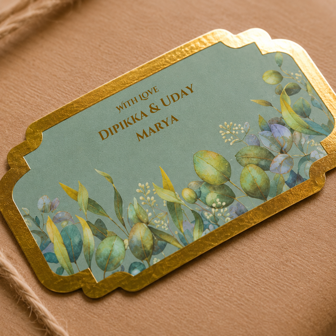 Elegant botanical peel and stick gift tag with sage green foliage artwork and luxurious gold border detailing.