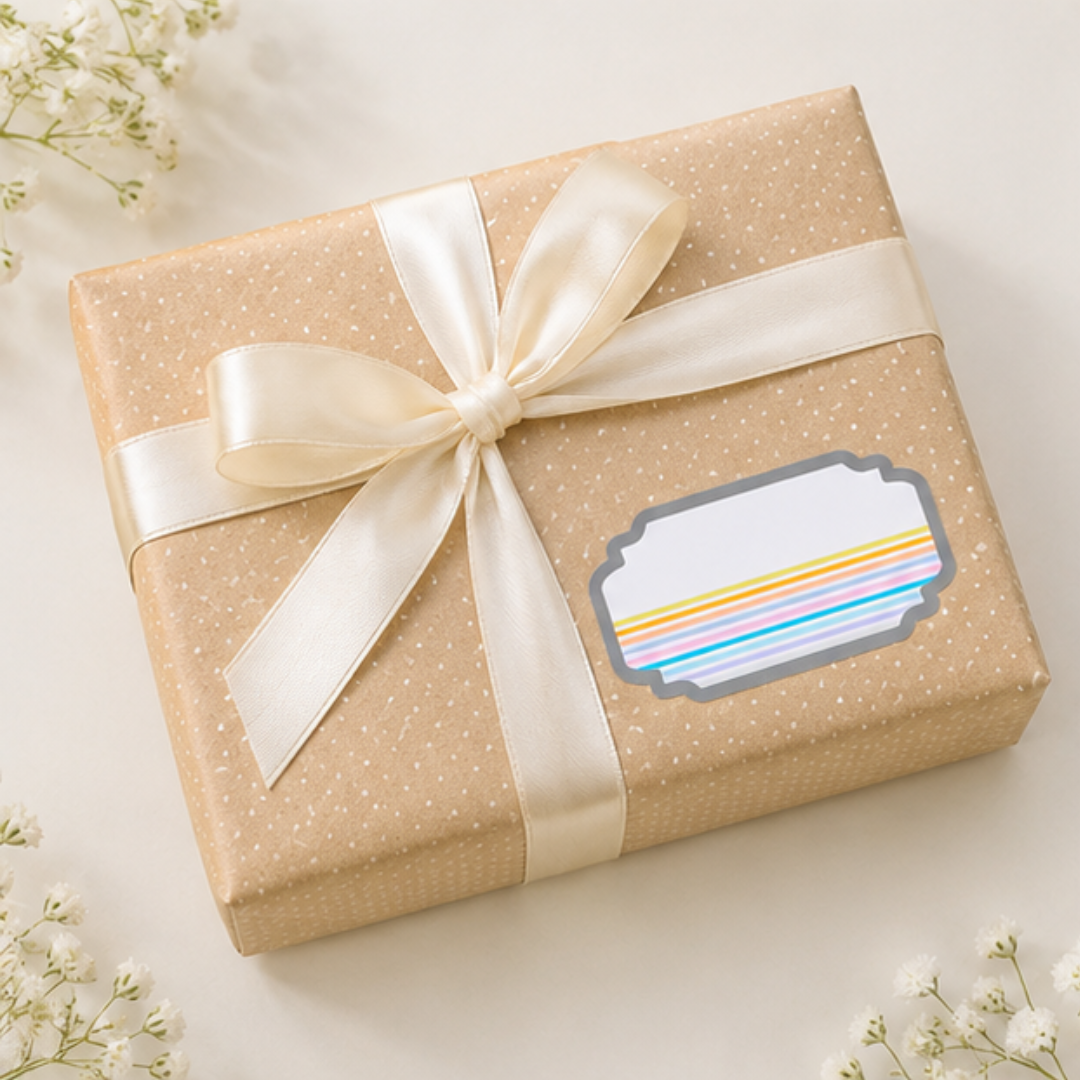 Sophisticated peel and stick gift tag with colorful pastel stripe artwork and neutral grey border, ideal for luxury gift wrapping.