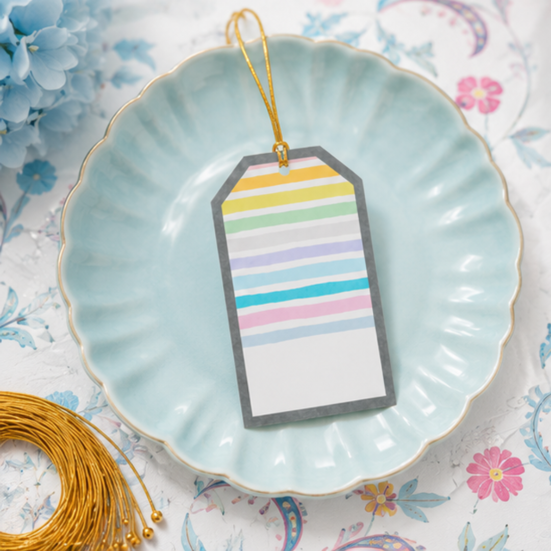 Premium pastel hanging gift tags with colorful stripe detailing and matching golden strings 