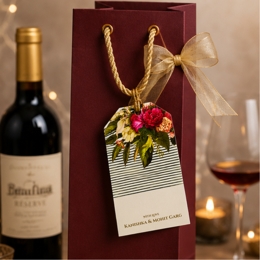 Floral hanging gift tag for wedding favours, wine gifting, hampers and premium packaging