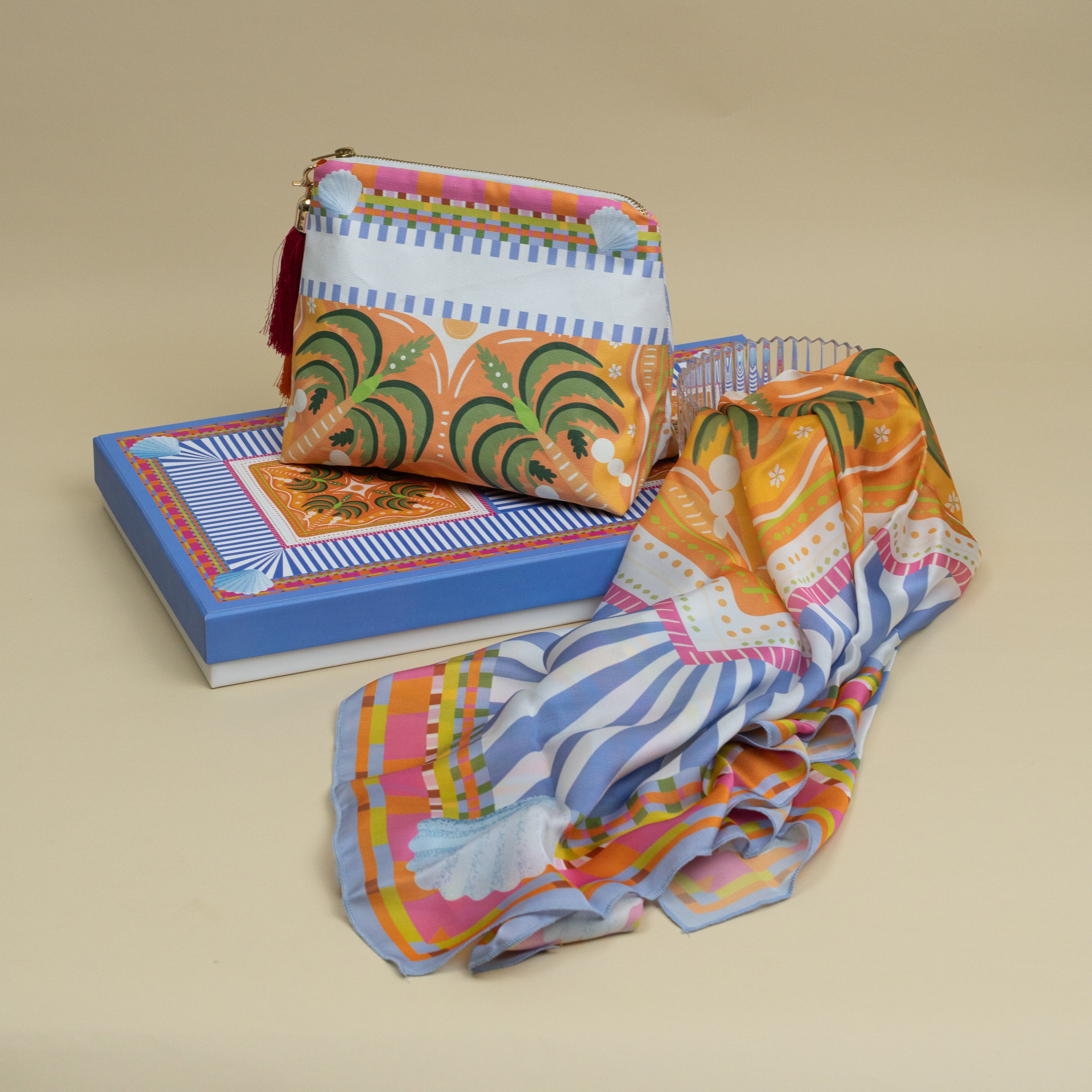 The Getaway Box with printed canvas vanity pouch and viscose silk scarf