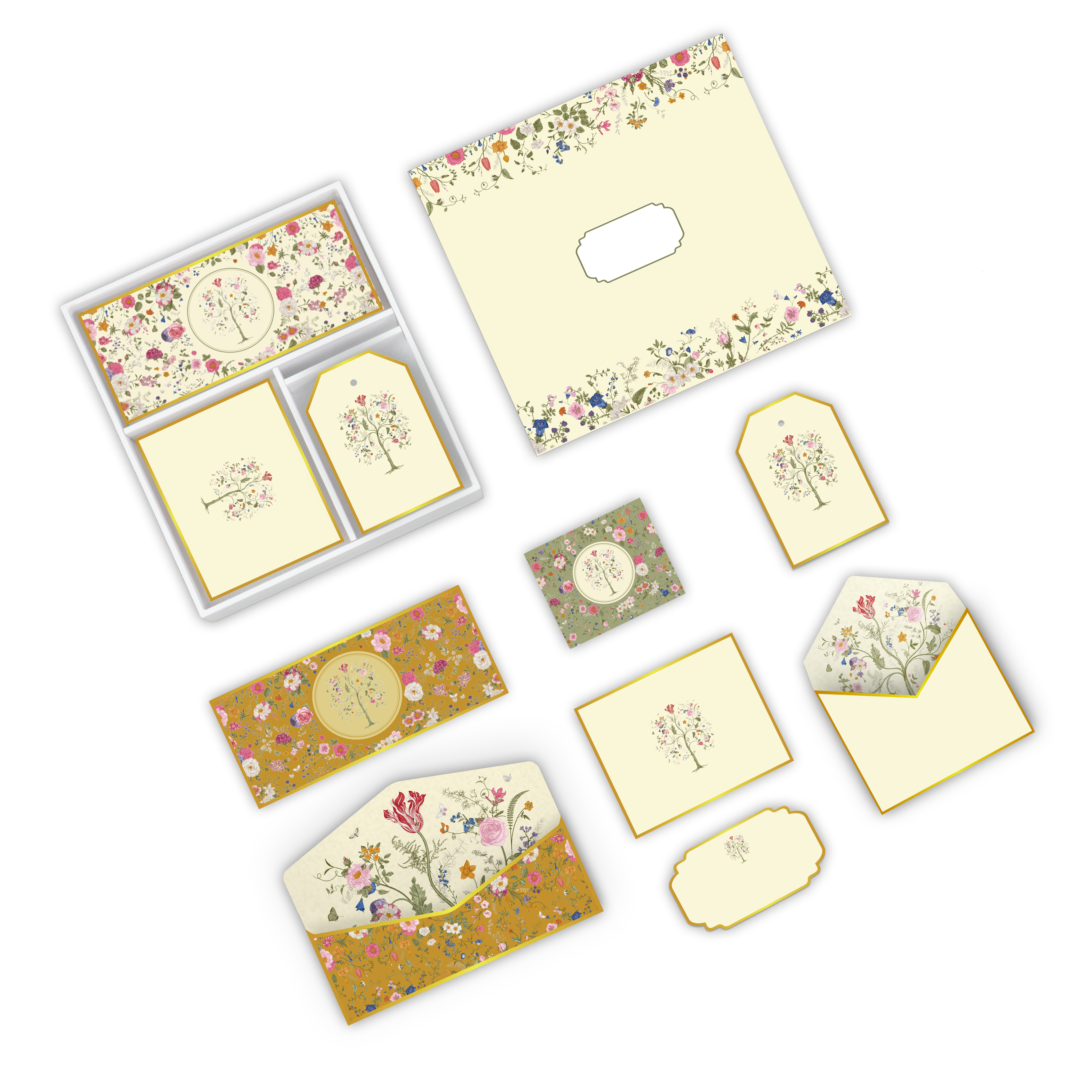 Floral stationery box set featuring money envelopes, folded cards, hanging tags, sticker tags, and gift cards with envelopes.