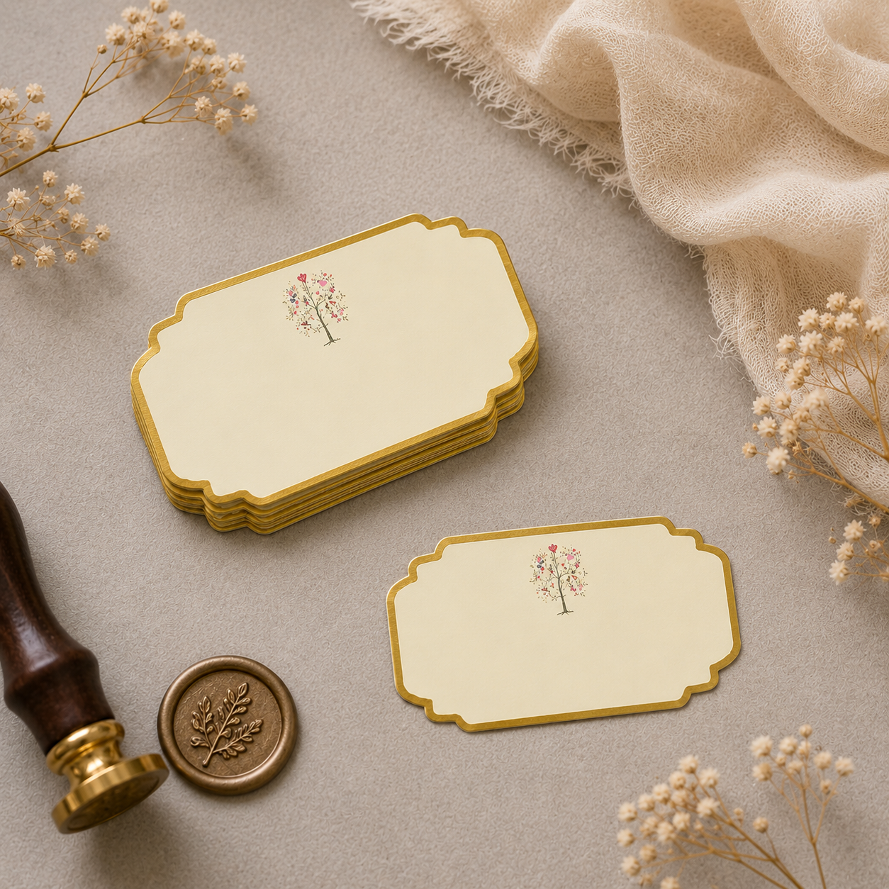 Minimal ivory sticker tag featuring a subtle floral tree illustration and refined gold edges for premium gifting.