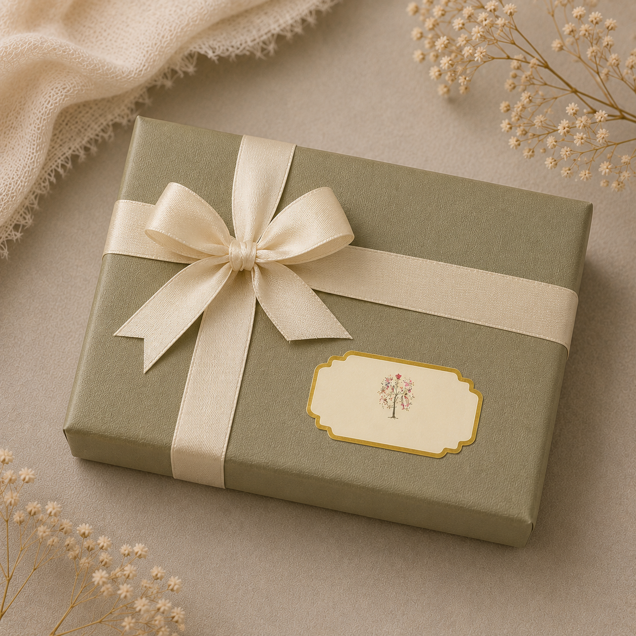 Sophisticated botanical gift sticker with Tree of Life artwork, perfect for weddings, hampers, and festive celebrations.
