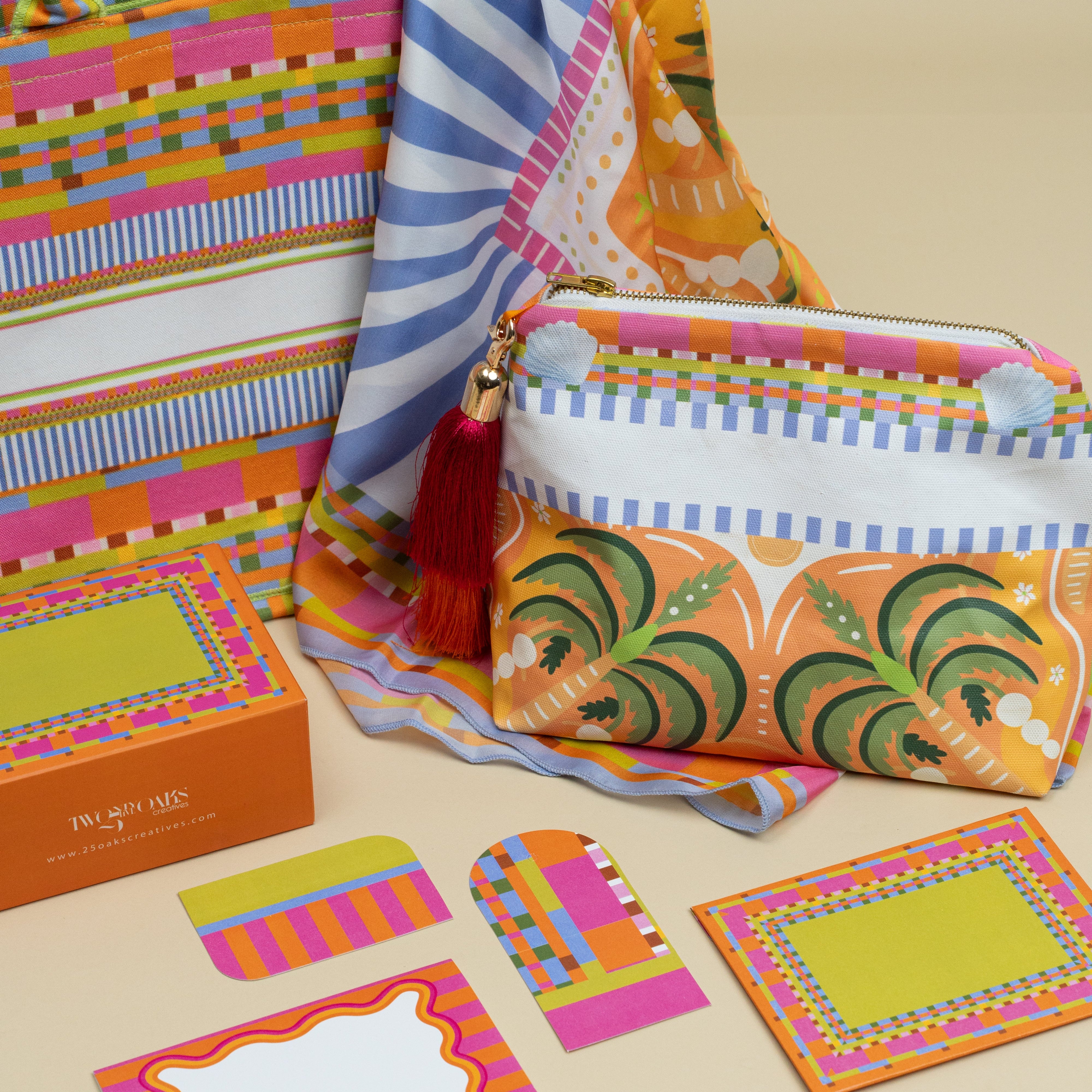 Colourful travel gift set with canvas tote, pouch, scarf, diary and stationery